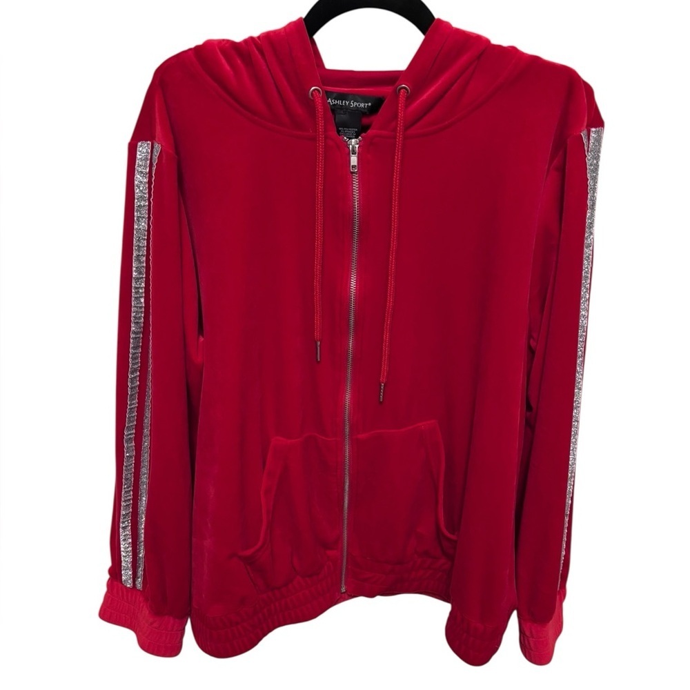 Ashley Stewart Red Velour Hoodie Jacket with Silver Details – Bold & Glam
